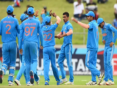 u19 world cup  raj limbani s three wicket haul helps india to hold australia at 253 7 in final