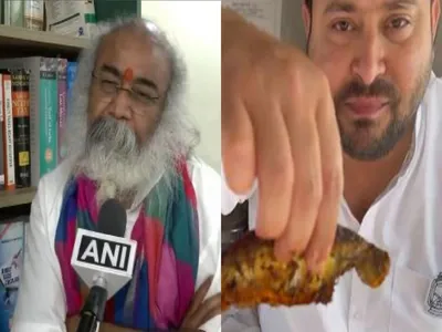  what was he trying to convey    acharya krishnam hits out at tejashwi over fish eating video during navratri  he clarifies