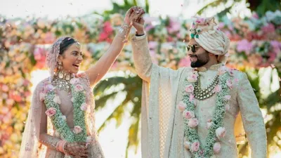 from rakul preet singh s floral lehenga to jackky bhagnani s embroidered sherwani  check out wedding look of newlyweds